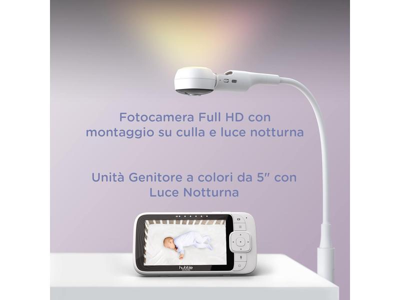 Hubble Connected Nursery Pal SkyView Vigilabebes con Camara, Pantalla de 5 pulgadas, soporte para cuna, luz nocturna, visión nocturna, sensor de temperatura ambiente y aplicación de teléfono