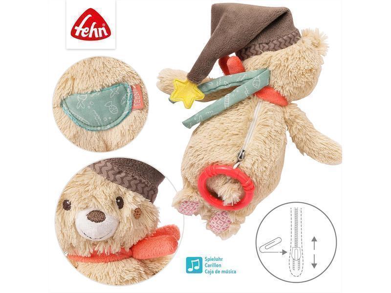 Fehn caja de música oso nana bebé - peluche con suave melodía de nana "La nana de Mozart" - juguete para bebés para llevar y para casa - juguete musical para bebés y niños pequeños
