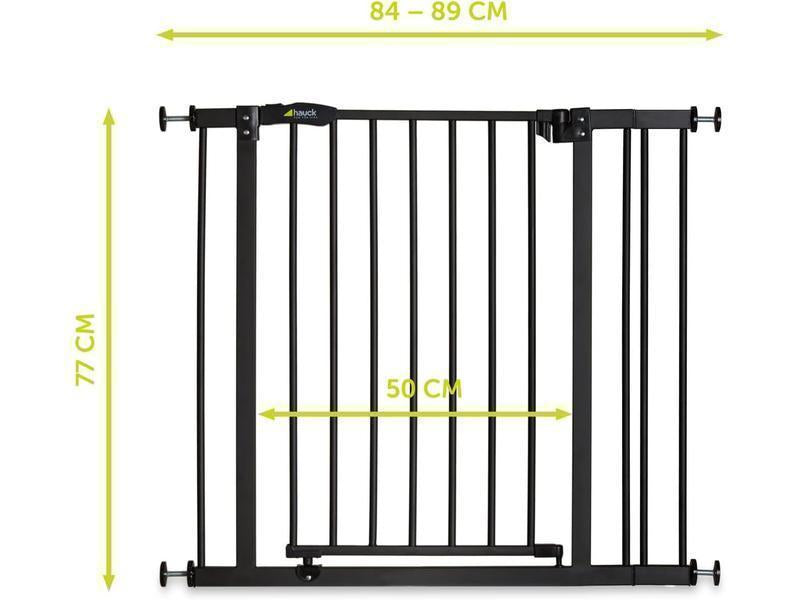 hauck Barrera de Seguridad de Niños para Puertas y Escaleras Close N Stop Safety incl. Extension 9 cm, Vallas Infantiles, Sin Agujeros, 84-89 cm, barandilla Escalera Niños,Metal, Negro