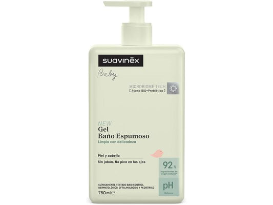 Suavinex, Gel - Baño Espumoso para Bebés, Champú para Piel y Cabello, Sin Jabón, Apto Pieles Sensibles y Recién Nacidos, No Pica en los Ojos, 92% Ingredientes Origen Natural, con Prebiótico, 750 ml