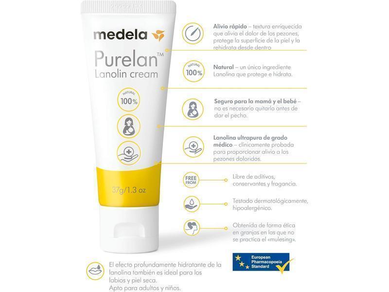 Medela crema de lanolina Purelan para pezones, alivio para pezones doloridos y piel seca, a base de ingredientes naturales, hipoalergénica y probada dermatológicamente, sin fragancia, 37 g