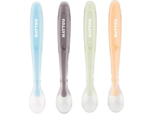 Nattou Cucharas de silicona para niños, 4 piezas, Longitud: 16 cm cada una, Con caja de transporte para 1 cuchara, Sin BPA, Silicon, Multicolor