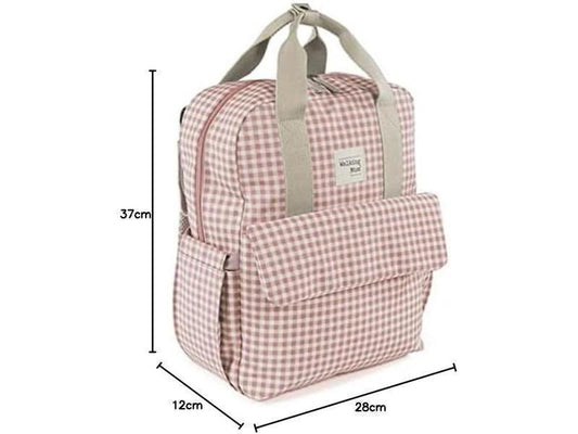 Walking Mum. Bolso Mochila I Love Vichy. Bolsa pañalera para silla de paseo. Diseño versátil con asas cortas y correas para llevar en los hombros. Color Rosa. Medidas 37X28X12 cm.