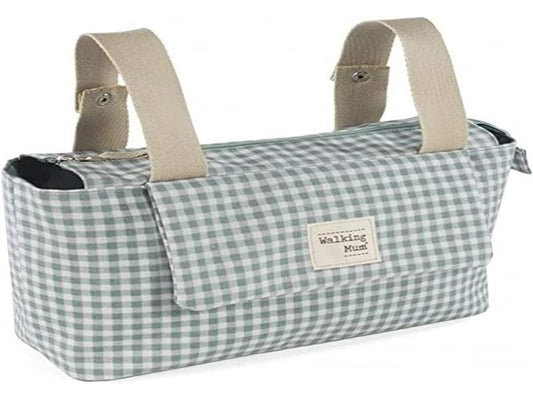 Walking Mum. Bolso organizador I Love Vichy. Bolsa de maternidad para silla de paseo. Asas cortas para fijar al carro. Color Verde. Medidas 31X17X12 cm.