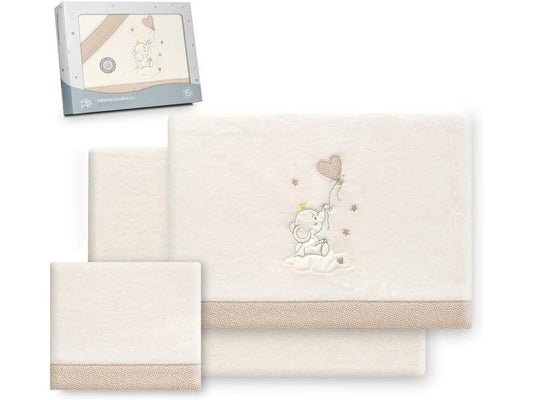 Interbaby - Juego Sabanas Cuna 60x120 Poliester 100% | Sabana Cuna Coralina, Cálida, Suave | Incluye Sabana Bajera, Encimera y Funda de Almohada | Ideal para Invierno | Elefante Globo Corazón Beige
