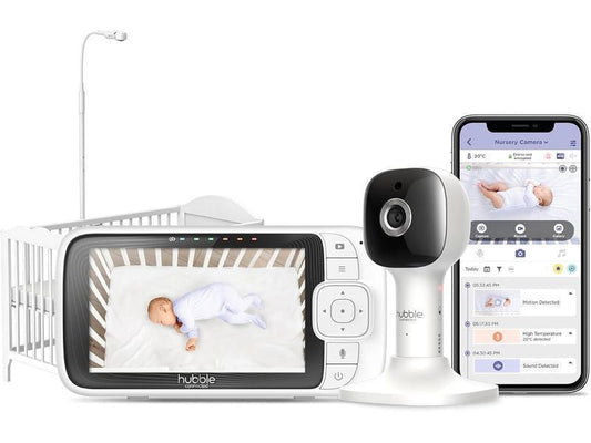 Hubble Connected Nursery Pal SkyView Vigilabebes con Camara, Pantalla de 5 pulgadas, soporte para cuna, luz nocturna, visión nocturna, sensor de temperatura ambiente y aplicación de teléfono