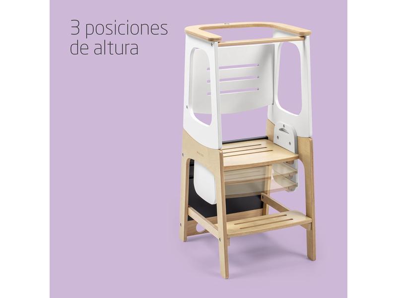Maxi-Cosi Toucan 3 en 1 Torre aprendizaje madera, Torre de aprendizaje Montessori, 1,5-99 Años, 10-150kg, 3 Alturas, Se Transforma en Mesa y Silla/Taburete, FSC® 100 % Madera Certificada, Natural Wood