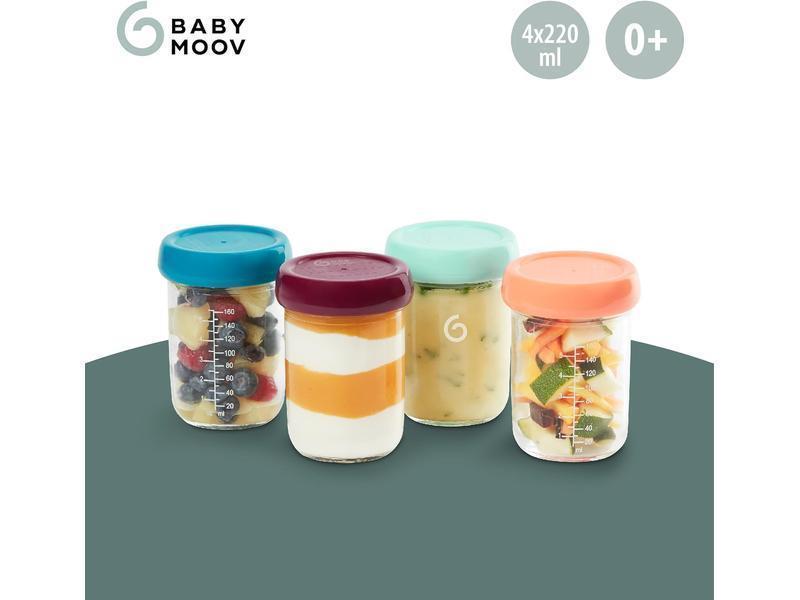 Babymoov Babybols - Lote 4 botes de conservación cristal 220 ml - Tapas Herméticas & Reescribibles