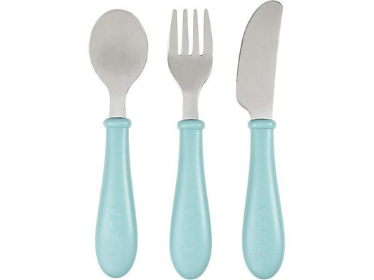 BÉABA Set de 3 cubiertos de aprendizaje para bebés, Acero inoxidable, 2ª edad, a partir de 12 meses, Fácil agarre para el bebé, Airy Green