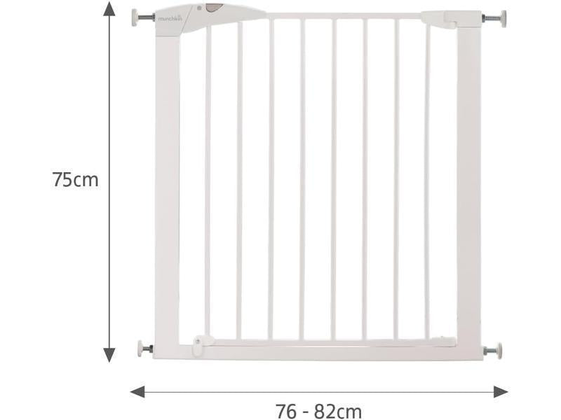 Munchkin Valla de Seguridad Infantil, Barrera de Escalera para Bebés y Niños Pequeños, Valla de Montaje Fácil sin Tornillos, Puerta de Seguridad para Bebé, Valla Metálica, 76-82 cm, Blanco
