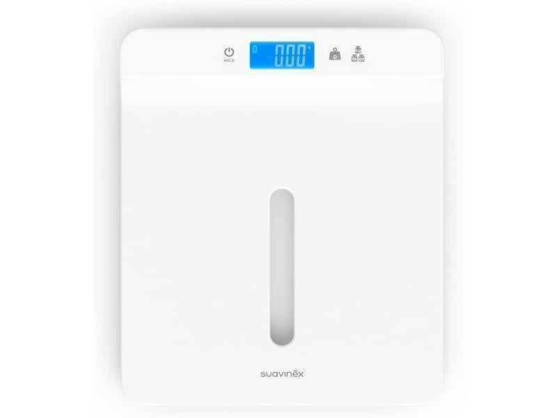 Suavinex, Báscula para Bebés y Adultos de gran precisión, Digital, para usar desde el nacimiento hasta la edad adulta, de 1 kg a 100 kg. Con bandeja de medición desmontable, Blanco