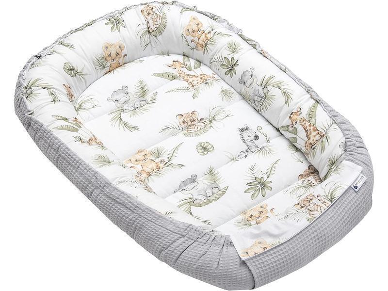 Medi Partners Nido de Bebé Recién Baby Nest 100% Algodón Waffle Protector de Cuna de Viaje Bebés 100x60x15cm Cierre Seguro (Teddy con Celeste Waffle) (Safari con Gris Waffle, 100x60x15cm)