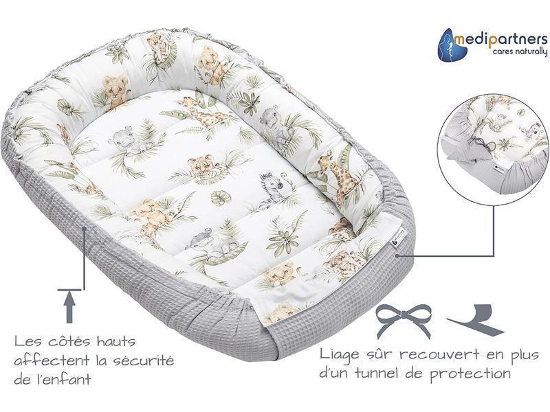 Medi Partners Nido de Bebé Recién Baby Nest 100% Algodón Waffle Protector de Cuna de Viaje Bebés 100x60x15cm Cierre Seguro (Teddy con Celeste Waffle) (Safari con Gris Waffle, 100x60x15cm)