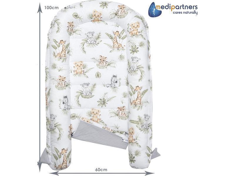 Medi Partners Nido de Bebé Recién Baby Nest 100% Algodón Waffle Protector de Cuna de Viaje Bebés 100x60x15cm Cierre Seguro (Teddy con Celeste Waffle) (Safari con Gris Waffle, 100x60x15cm)