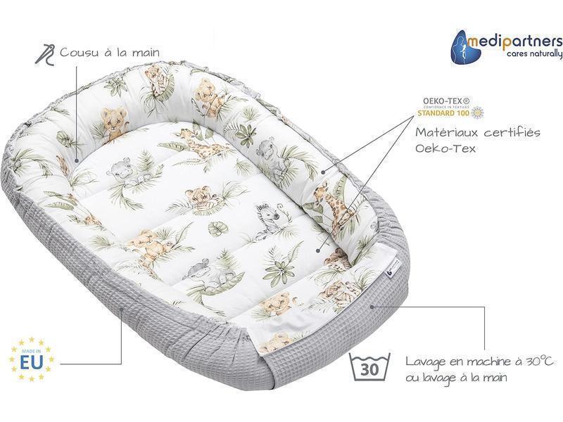 Medi Partners Nido de Bebé Recién Baby Nest 100% Algodón Waffle Protector de Cuna de Viaje Bebés 100x60x15cm Cierre Seguro (Teddy con Celeste Waffle) (Safari con Gris Waffle, 100x60x15cm)