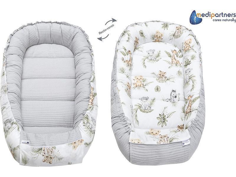 Medi Partners Nido de Bebé Recién Baby Nest 100% Algodón Waffle Protector de Cuna de Viaje Bebés 100x60x15cm Cierre Seguro (Teddy con Celeste Waffle) (Safari con Gris Waffle, 100x60x15cm)