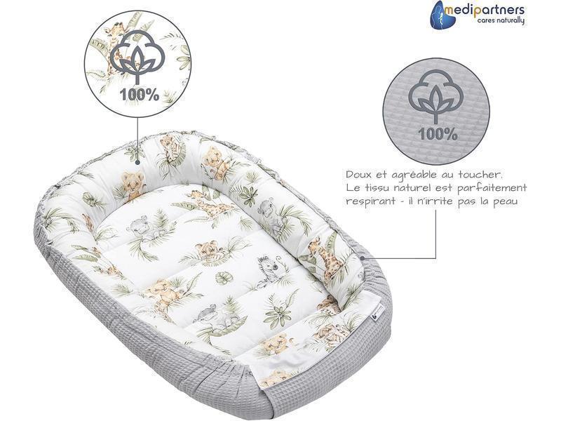 Medi Partners Nido de Bebé Recién Baby Nest 100% Algodón Waffle Protector de Cuna de Viaje Bebés 100x60x15cm Cierre Seguro (Teddy con Celeste Waffle) (Safari con Gris Waffle, 100x60x15cm)