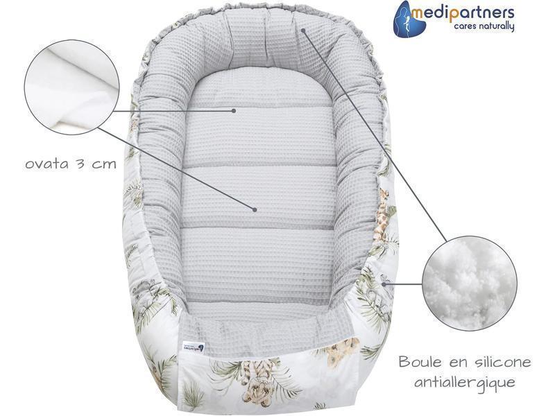 Medi Partners Nido de Bebé Recién Baby Nest 100% Algodón Waffle Protector de Cuna de Viaje Bebés 100x60x15cm Cierre Seguro (Teddy con Celeste Waffle) (Safari con Gris Waffle, 100x60x15cm)